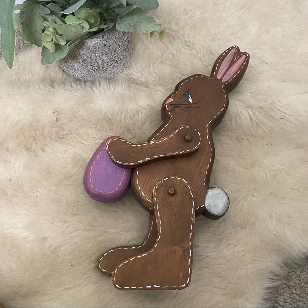 Wood Brown Bunny Posable Primitive Figurine Handpainted